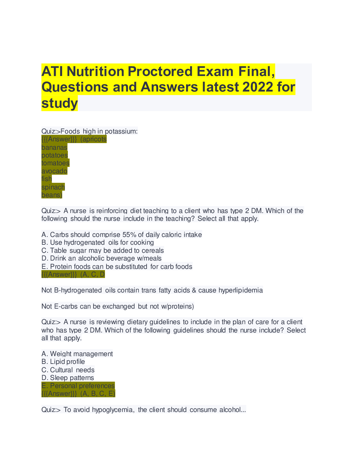ATI Nutrition Proctored Exam Final, Questions and Answers latest 2022
